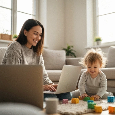 A happy parent balancing work on a laptop while playing with a toddler in a bright living room