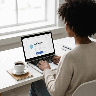 Person using a laptop to search for jobs on a clean workspace