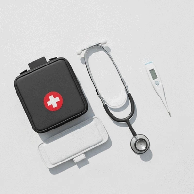 First aid kit and medical equipment on a clean surface