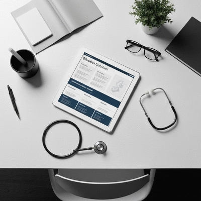 A clean wooden desk with a digital tablet showing educational materials and a stethoscope nearby