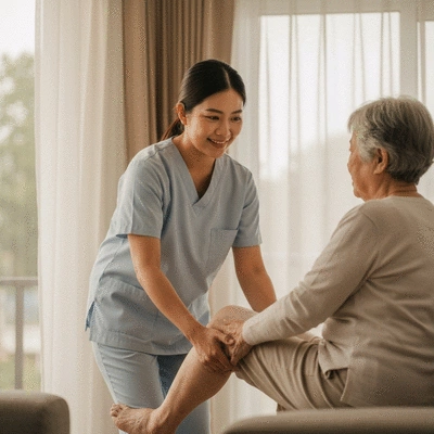 Compassionate caregiver assisting an elderly person in a bright home environment
