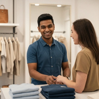 Friendly retail worker assisting a customer in a modern boutique