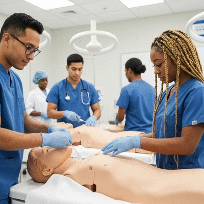 Modern classroom setting with students learning healthcare techniques on a mannequin
