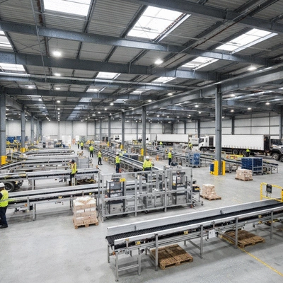 Modern logistics warehouse with workers in high-visibility vests
