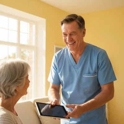 A friendly aged care worker assisting an elderly person with a tablet