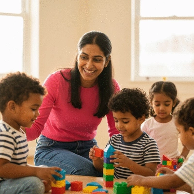 Happy childcare educator interacting with young children playing with colorful educational blocks in a sunlit daycare center