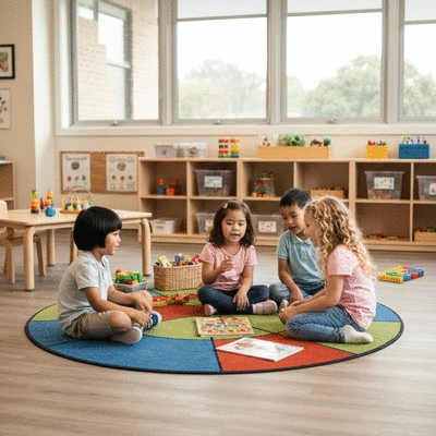 Professional childcare worker reading a storybook to a group of diverse toddlers in a bright modern classroom