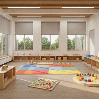 Modern colorful childcare learning space with educational toys and soft mats
