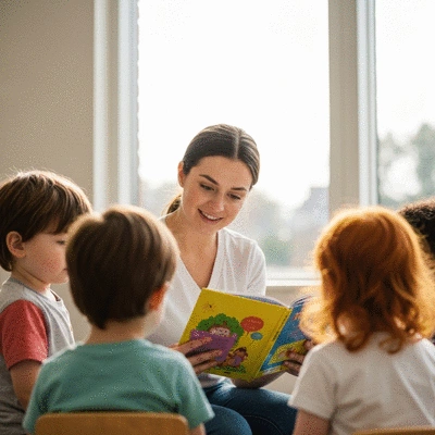 A professional childcare educator interacting warmly with toddlers in a bright classroom