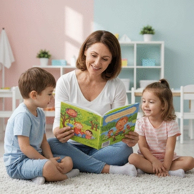 A professional nanny reading a book to a small group of children in a cozy library corner
