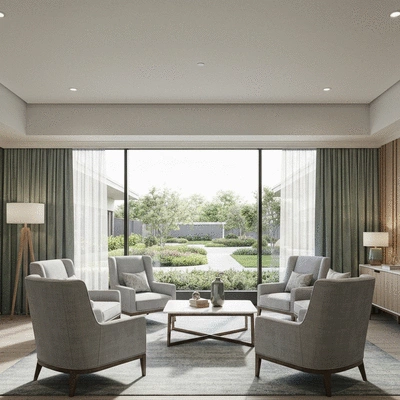 Modern aged care facility interior with comfortable seating and natural light