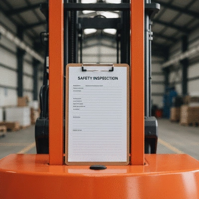 Close up of a safety clipboard and forklift machinery