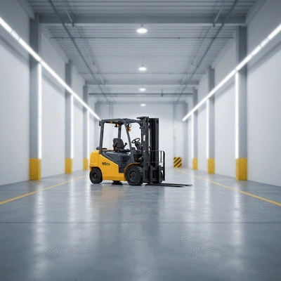 Modern yellow forklift in a clean warehouse aisle