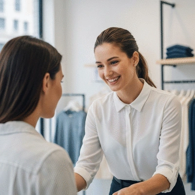 Friendly retail worker helping a customer in a bright modern store