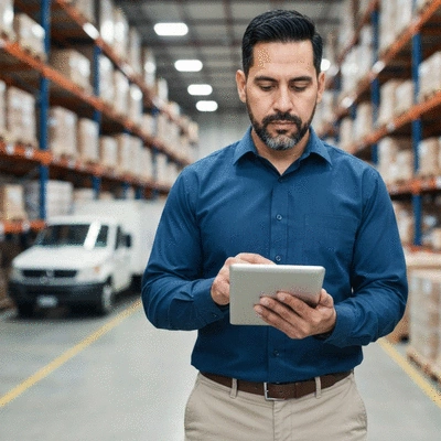 Professional warehouse supervisor using a tablet in a clean distribution center