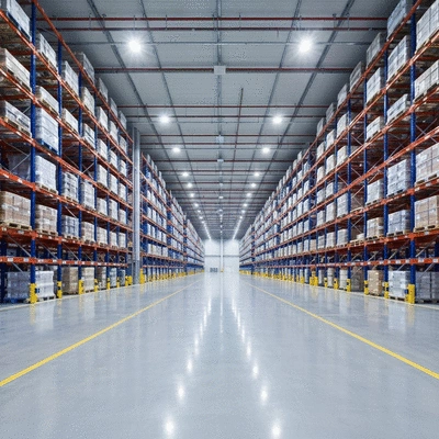 Modern warehouse with automated systems and clean bright aisles