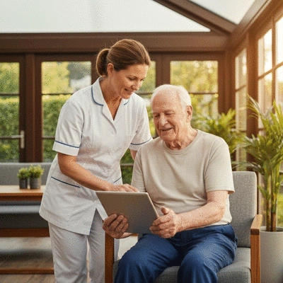 Professional aged care worker assisting an elderly person with a tablet
