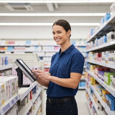 Happy retail worker checking inventory on a digital handheld device in a store aisle