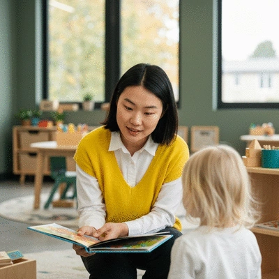 A childcare educator kneeling down to interact with a child in a classroom setting