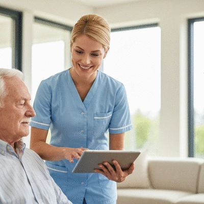 Professional caregiver smiling while assisting an elderly person with a tablet